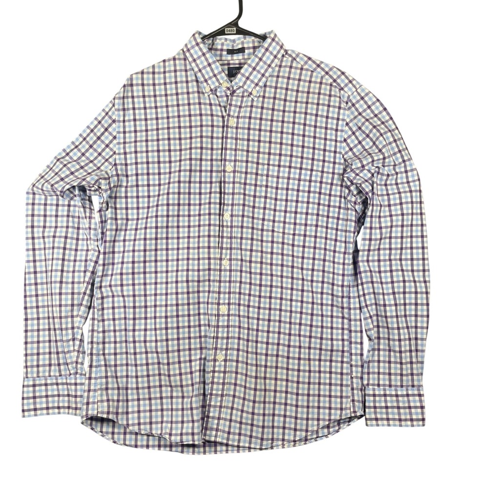 J.Crew Mens Slim Fit Gingham Check Button Down Shirt‎ Purple Blue Large Preppy